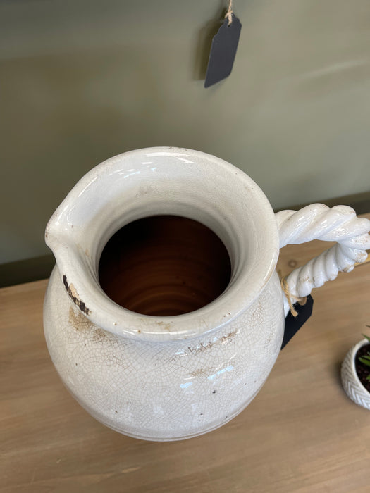 Aged White Ceramic Vase with Twisted Handle - 31cm