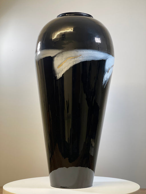 Flower Stem Large Vase, Black Metal, Gold, Blue, Enamel 