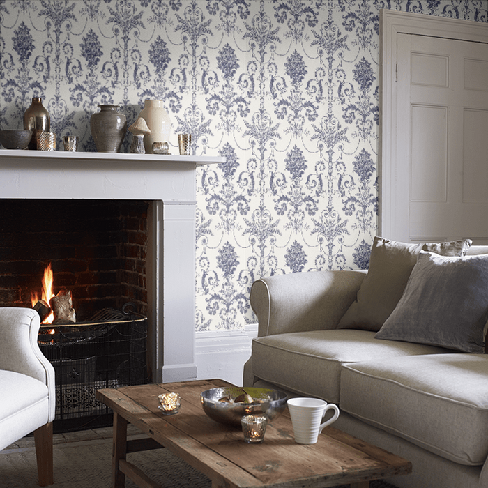 Josette Damask Wallpaper 113387 by Laura Ashley in Off White Midnight buy  online from the rug seller uk