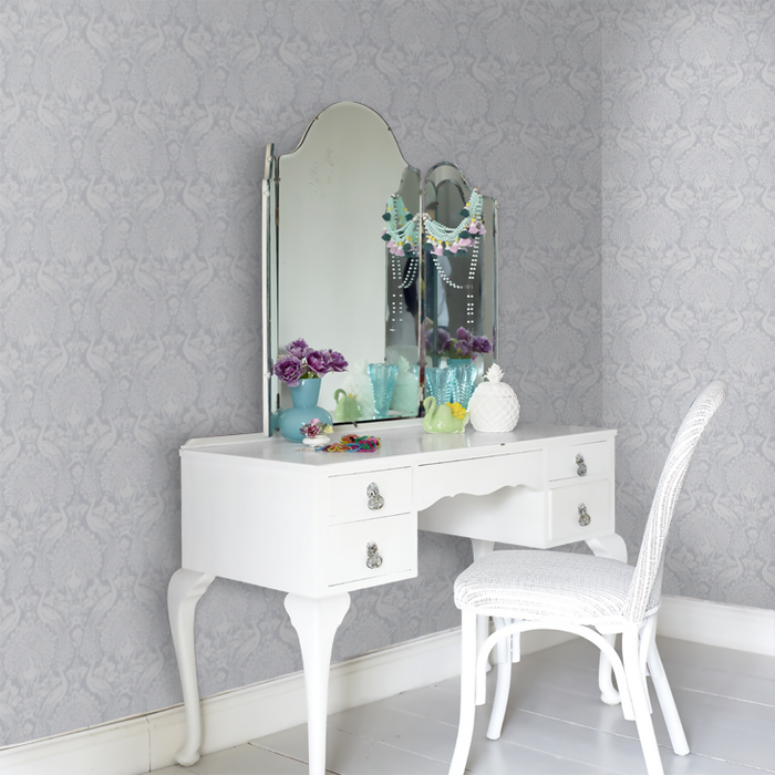 Laura Ashley Peacock Damask Wallpaper - Pale Slate