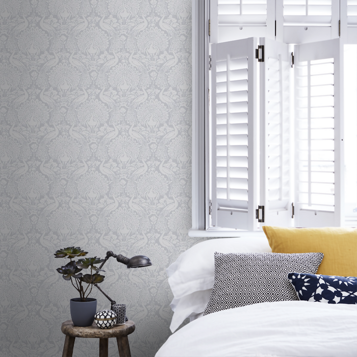 Laura Ashley Peacock Damask Wallpaper - Pale Slate