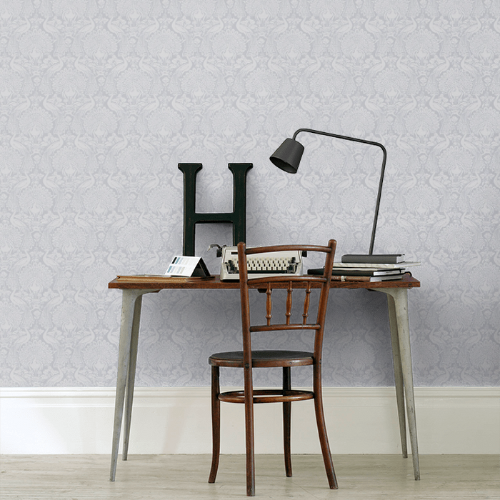 Laura Ashley Peacock Damask Wallpaper - Pale Slate